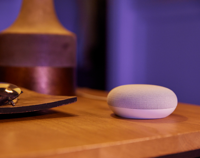 Google voice commands on a bedside table